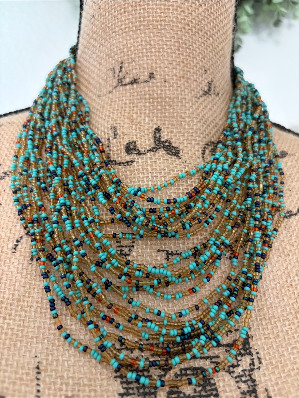 Multi-Strand Turquoise & Brown Seed Bead Statement Necklace